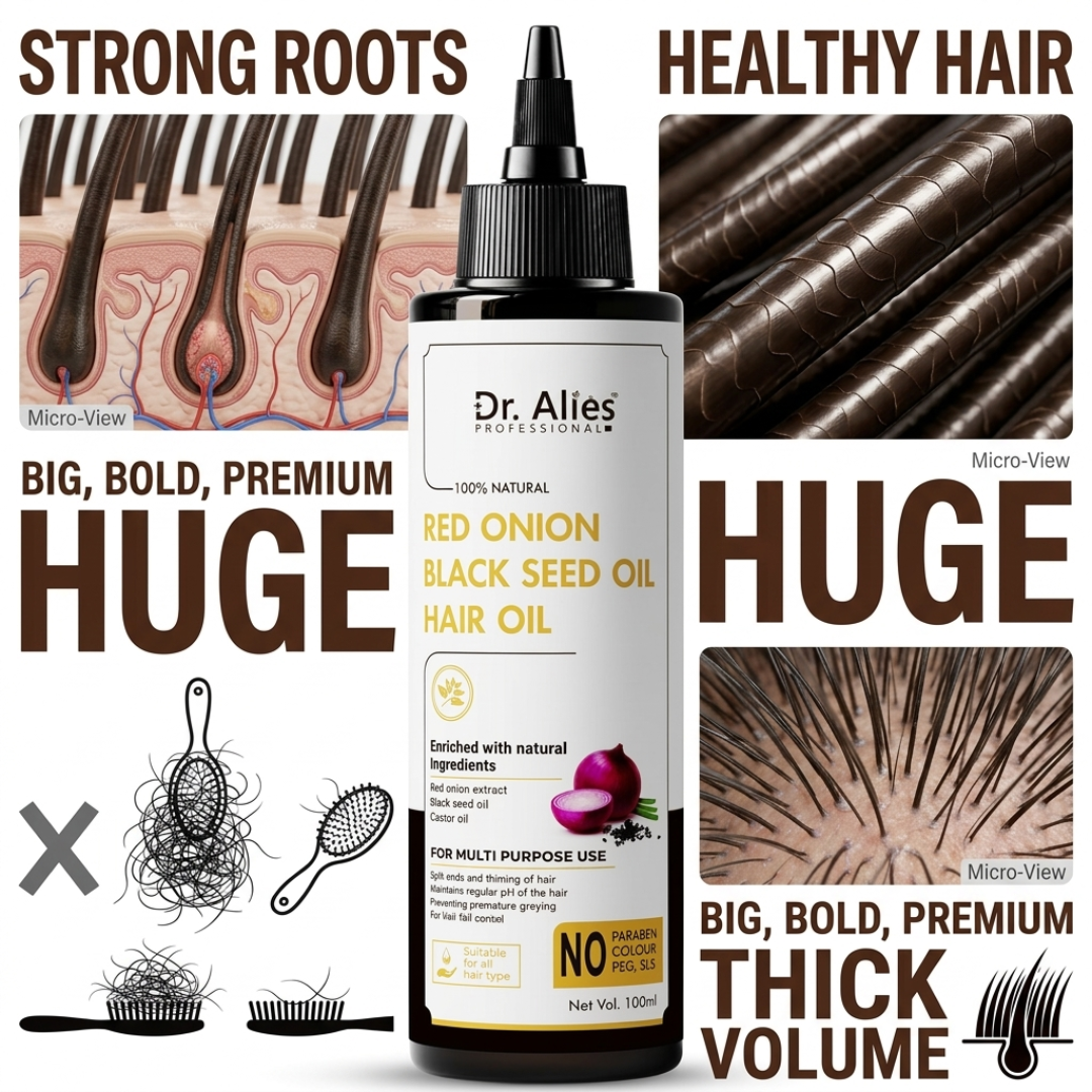 Dr. Alies Professional Red Onion & Black Seed Oil Hair Oil – 100% Natural – Stops Hair Fall, Strengthens Roots, Prevents Premature Greying – With Castor Oil – For Split Ends, Thinning Hair & Scalp Health