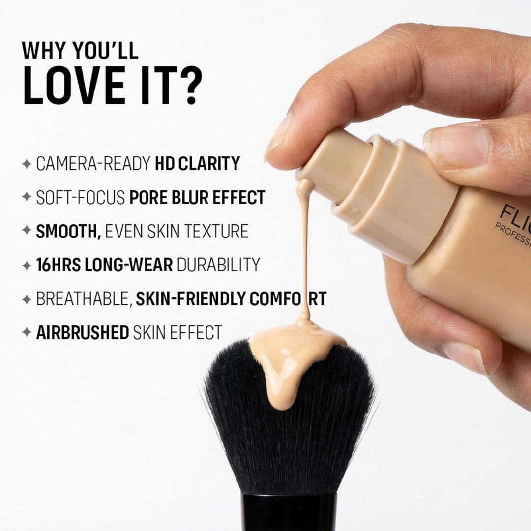 Flicka Perfect Glow Trio | Silk Touch Milk-Cream Primer + High Coverage HD Foundation with SPF | Pore-Blurring, 16H Long-Wear & Airbrush Finish