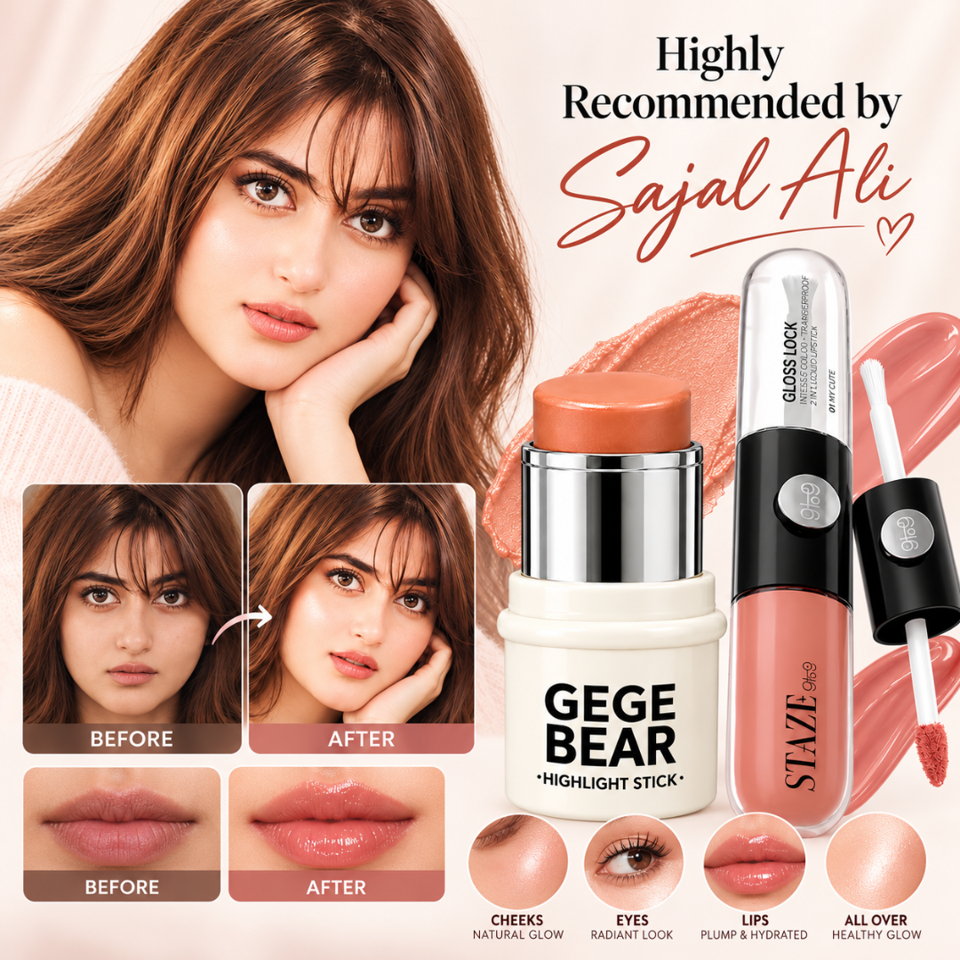 GEGE BEAR Highlight Stick & STAZE 9to9 Lip Gloss Set – Radiant Glow Makeup Duo for Lips, Cheeks & Face
