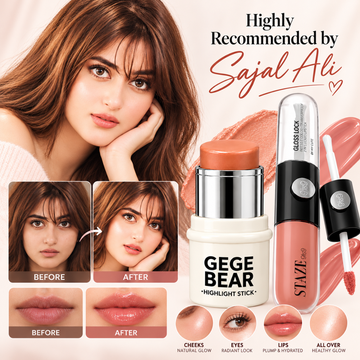 GEGE BEAR Highlight Stick & STAZE 9to9 Lip Gloss Set – Radiant Glow Makeup Duo for Lips, Cheeks & Face