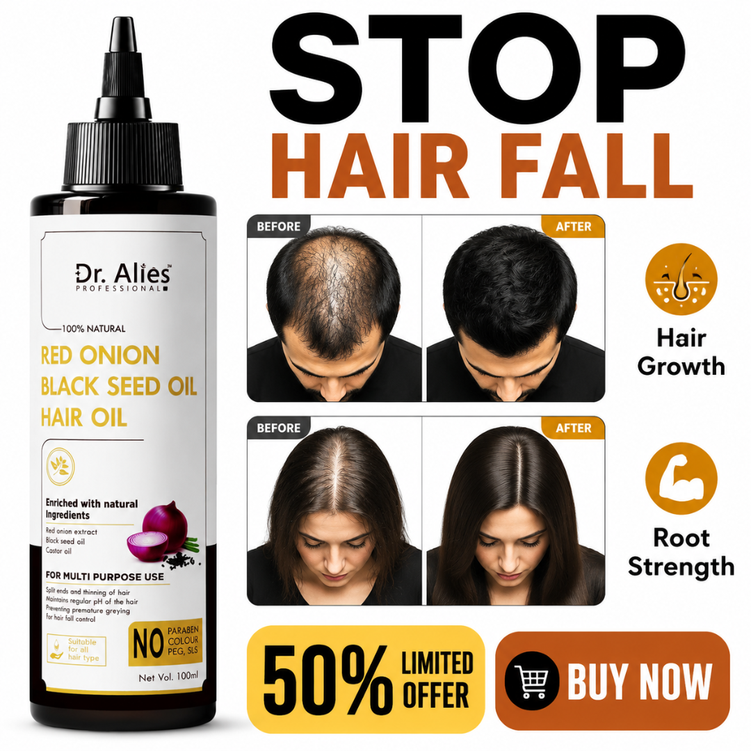 Dr. Alies Professional Red Onion & Black Seed Oil Hair Oil – 100% Natural – Stops Hair Fall, Strengthens Roots, Prevents Premature Greying – With Castor Oil – For Split Ends, Thinning Hair & Scalp Health