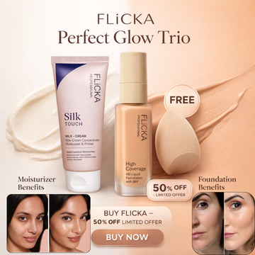 Flicka Perfect Glow Trio | Silk Touch Milk-Cream Primer + High Coverage HD Foundation with SPF | Pore-Blurring, 16H Long-Wear & Airbrush Finish