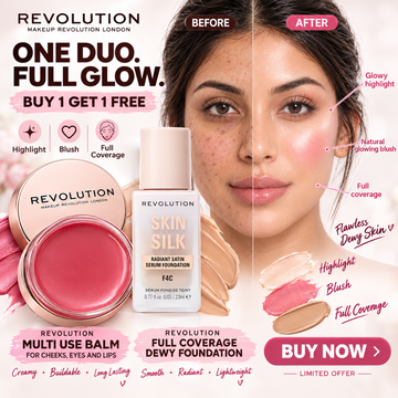Revolution Skin Silk & Balm Glow Duo – Radiant Satin Foundation & Dewy Blush Highlight – Skin-Loving Coverage