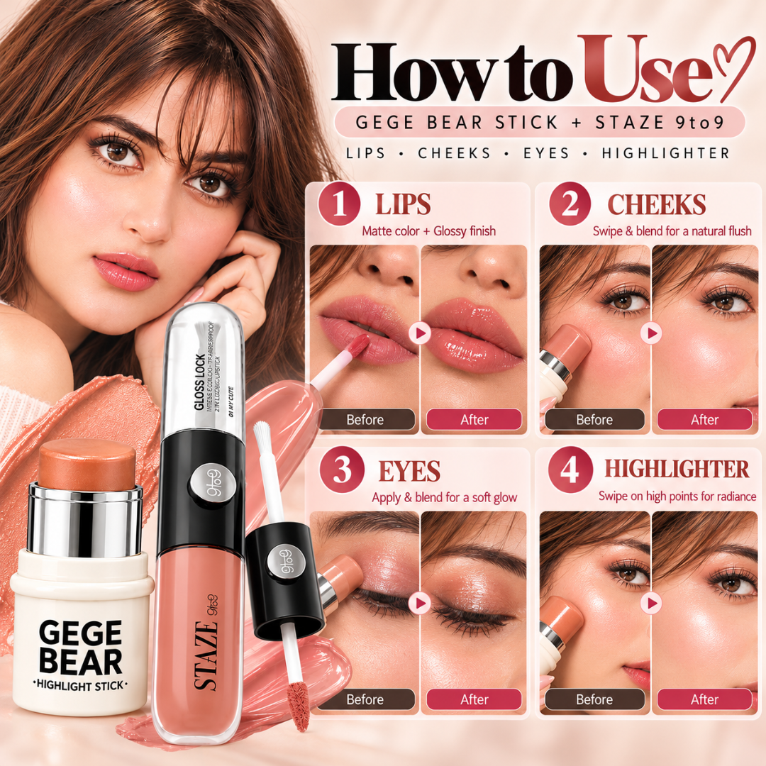 GEGE BEAR Highlight Stick & STAZE 9to9 Lip Gloss Set – Radiant Glow Makeup Duo for Lips, Cheeks & Face