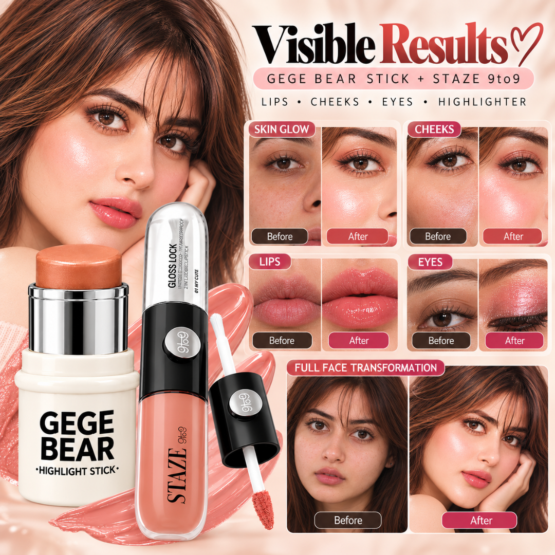 GEGE BEAR Highlight Stick & STAZE 9to9 Lip Gloss Set – Radiant Glow Makeup Duo for Lips, Cheeks & Face