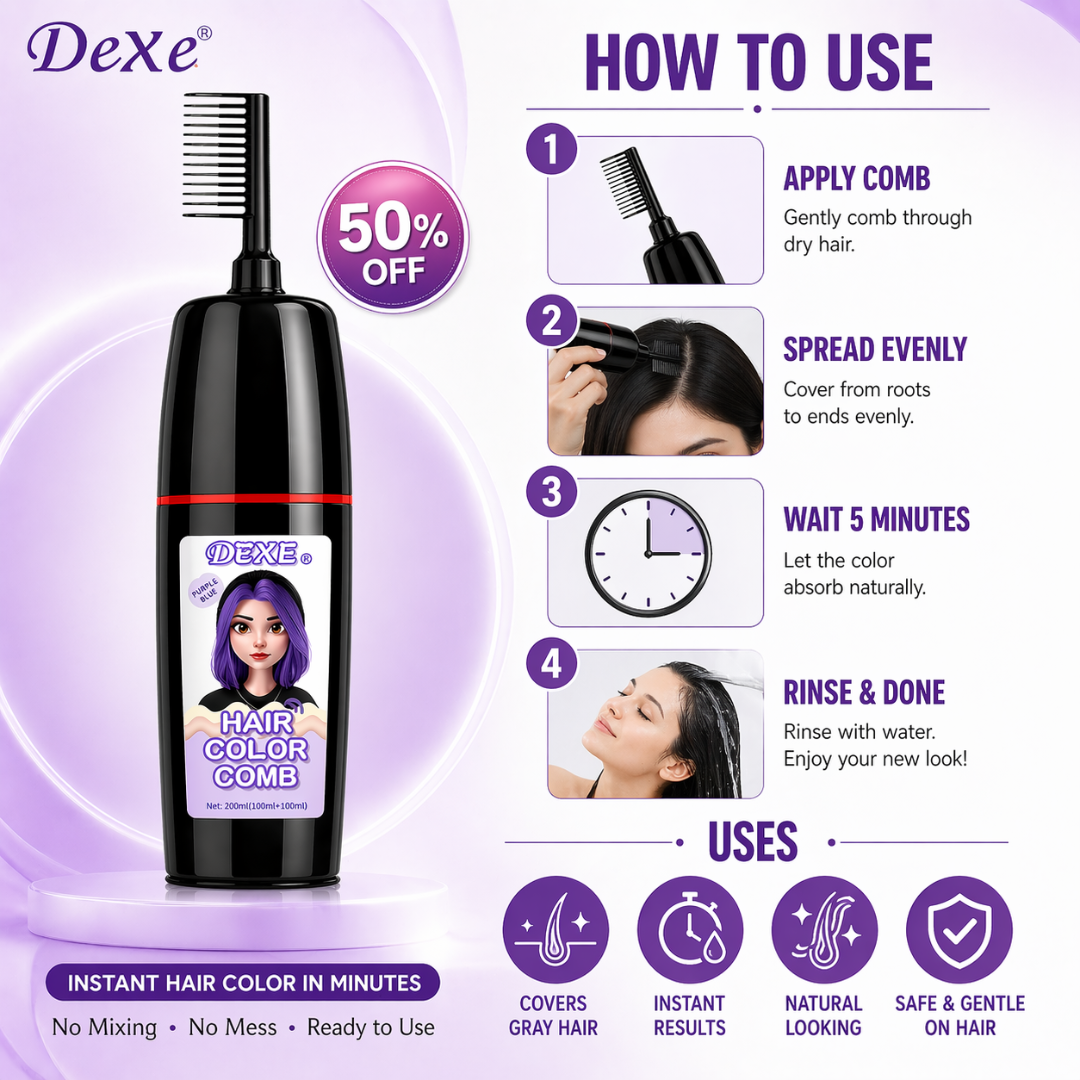Dexe® Hair Color Comb – Instant Gray Coverage in 1 Minute – Natural & Long-Lasting – Easy No-Mix Comb Applicator – Enriched with Ginseng & Ginkgo Biloba