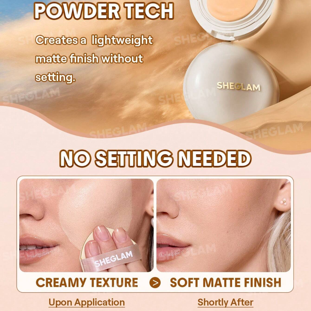 SHEGLAM 48H Powder Tech Cushion Foundation - Sweatproof & Buildable Matte Finish