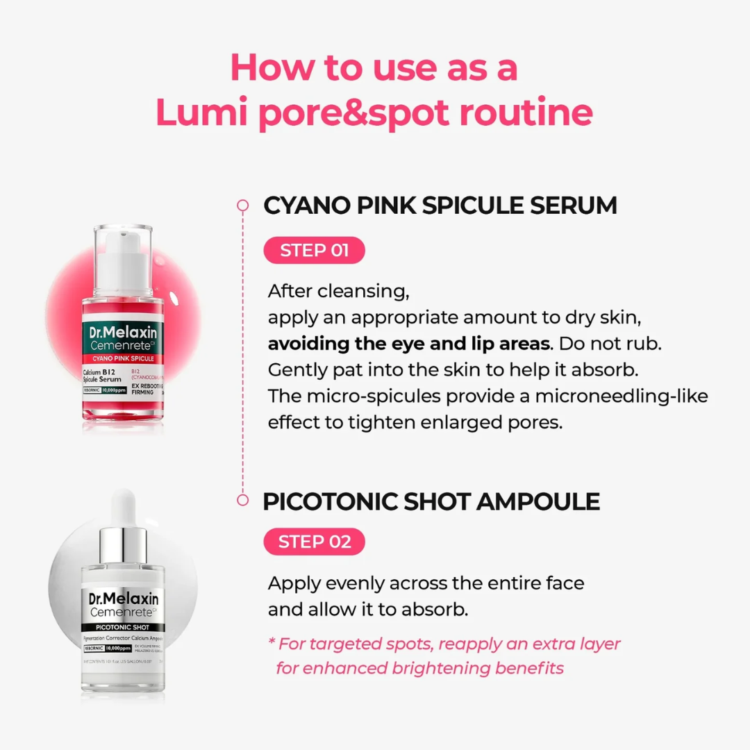 Dr. Melaxin Ultimate Skin Deal | Cyano Pink Spicule Serum + Picotonic Shot Ampoule | Pore Tightening, Anti-Aging & Anti-Pigmentation Duo