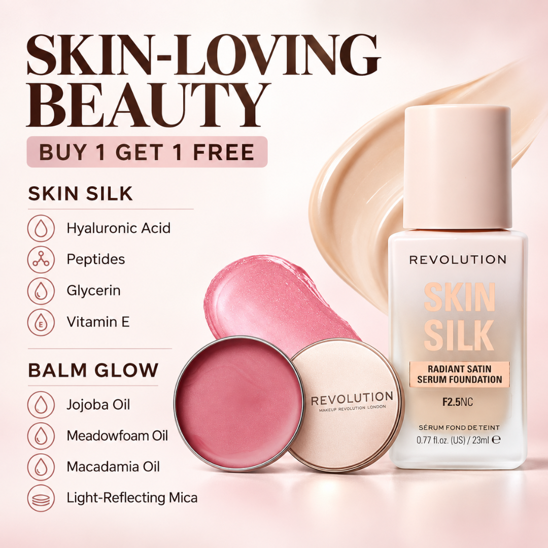 Revolution Skin Silk & Balm Glow Duo – Radiant Satin Foundation & Dewy Blush Highlight – Skin-Loving Coverage