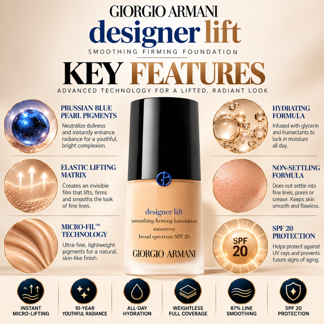 Giorgio Armani Designer Lift Smoothing Firming Foundation – SPF 20 Radiant Coverage & Instant Micro-Lifting Base