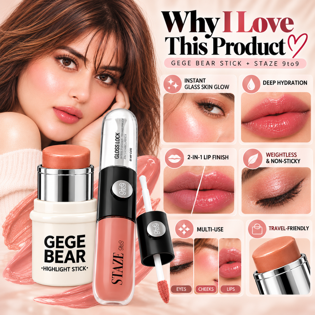 GEGE BEAR Highlight Stick & STAZE 9to9 Lip Gloss Set – Radiant Glow Makeup Duo for Lips, Cheeks & Face