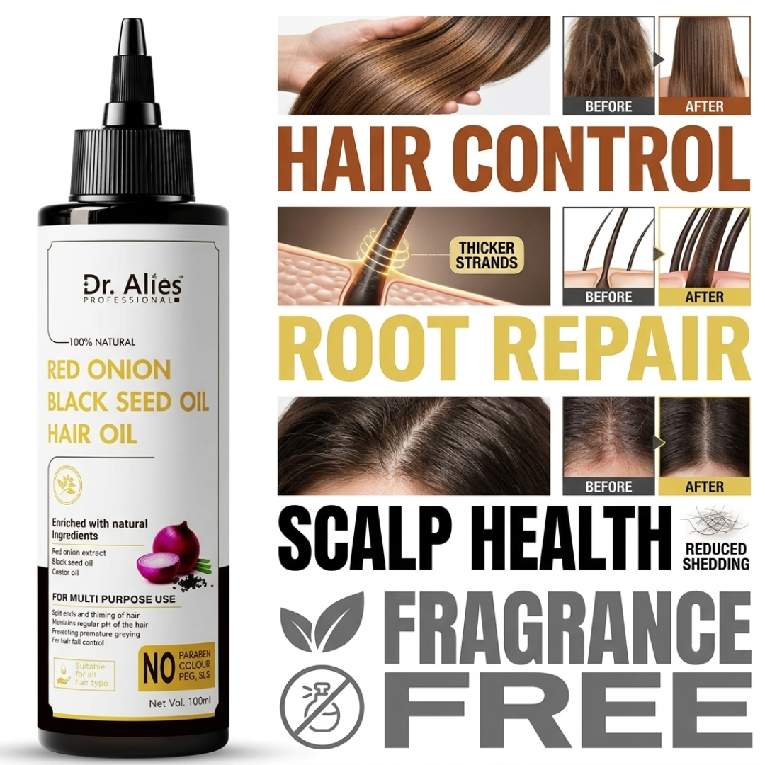 Dr. Alies Professional Red Onion & Black Seed Oil Hair Oil – 100% Natural – Stops Hair Fall, Strengthens Roots, Prevents Premature Greying – With Castor Oil – For Split Ends, Thinning Hair & Scalp Health