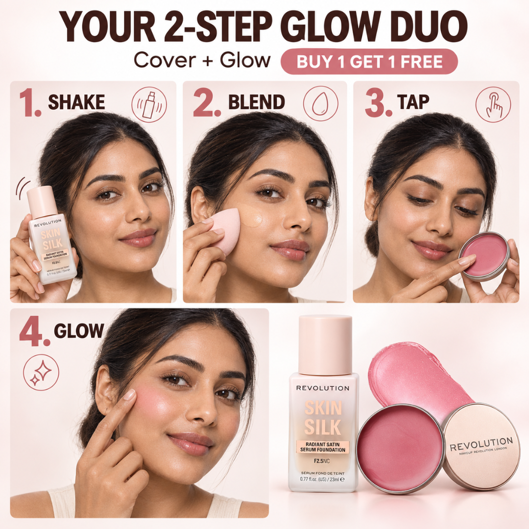 Revolution Skin Silk & Balm Glow Duo – Radiant Satin Foundation & Dewy Blush Highlight – Skin-Loving Coverage