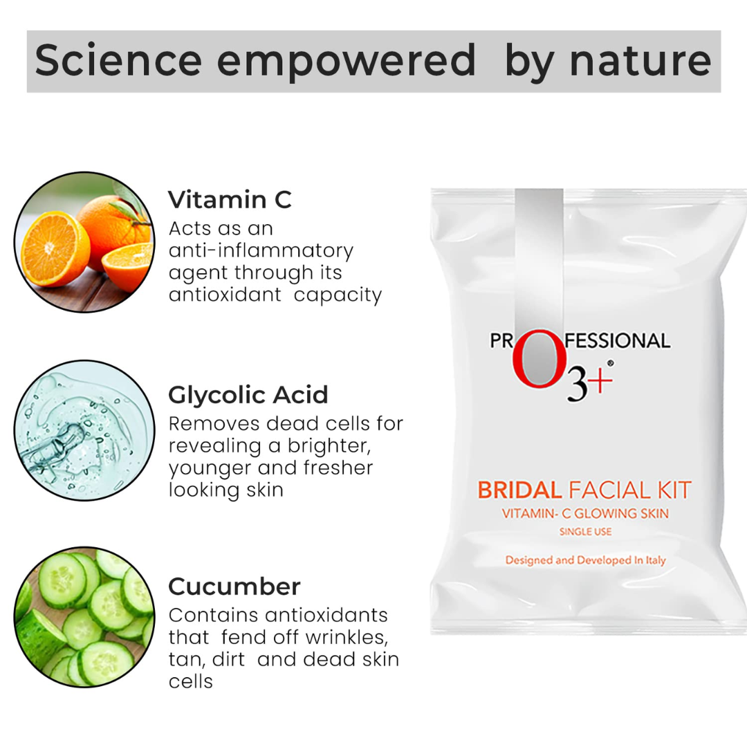 O3+ Professional Bridal Facial Kit - Single Use Vitamin-C Glowing Skin Treatment with D-Tan Pack