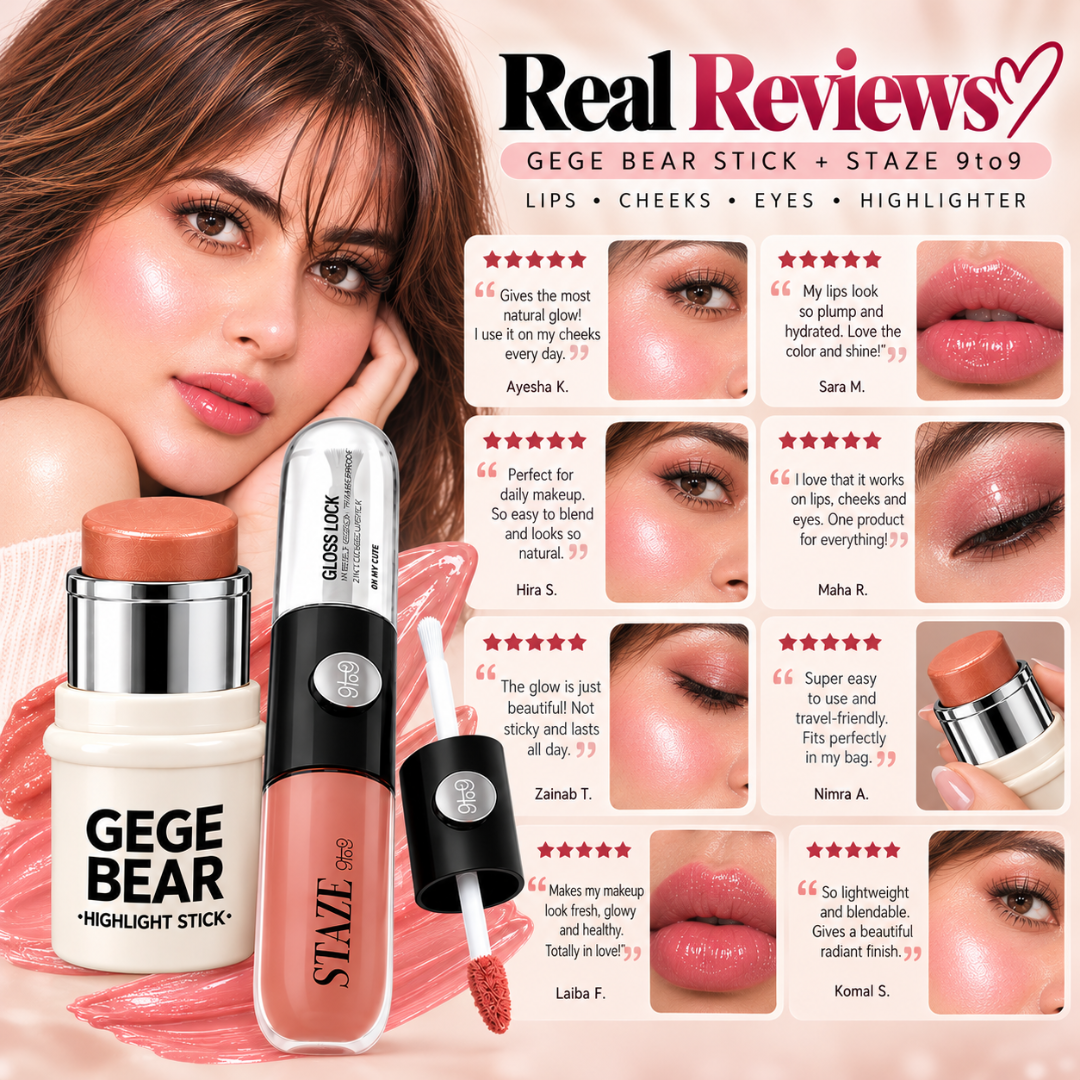 GEGE BEAR Highlight Stick & STAZE 9to9 Lip Gloss Set – Radiant Glow Makeup Duo for Lips, Cheeks & Face