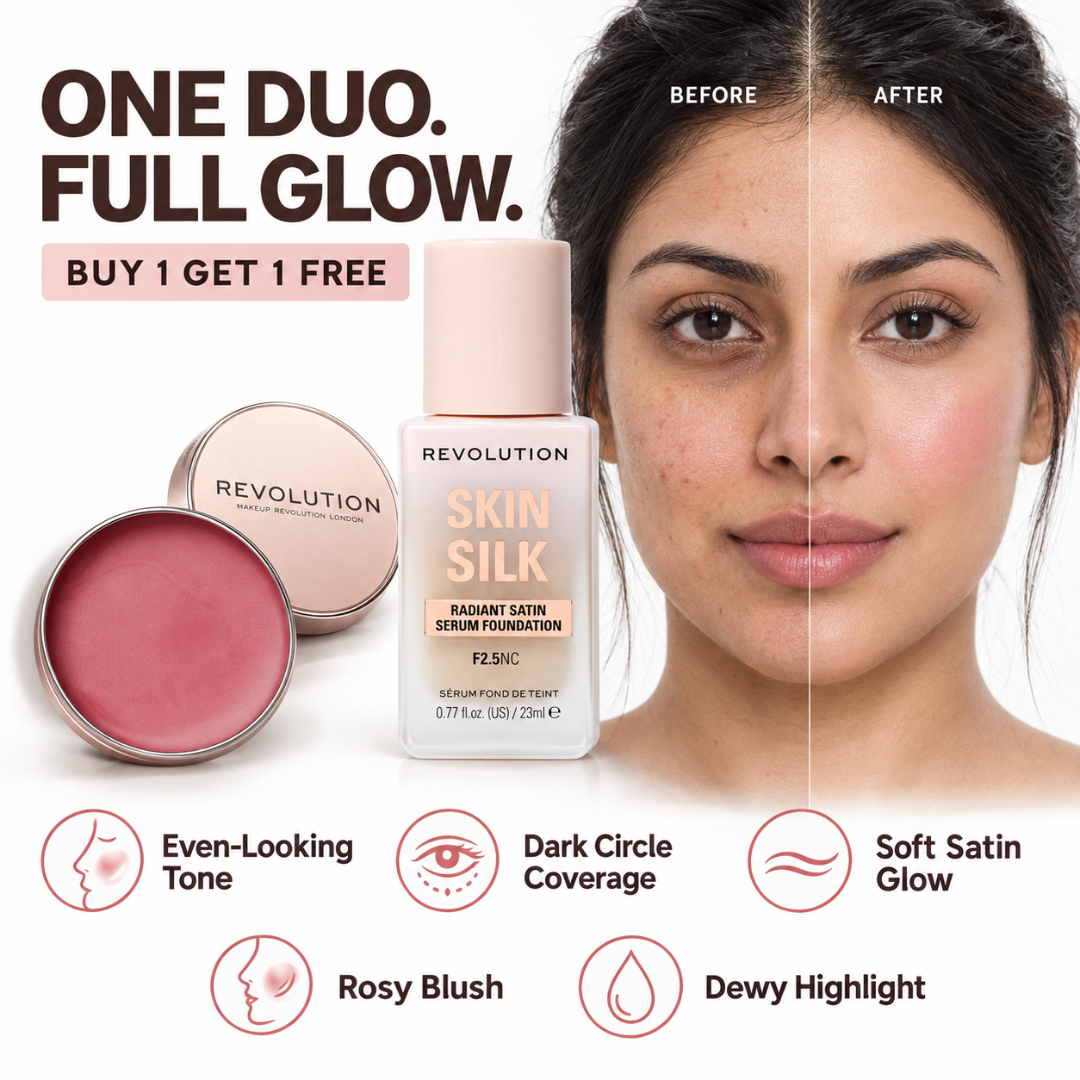 Revolution Skin Silk & Balm Glow Duo – Radiant Satin Foundation & Dewy Blush Highlight – Skin-Loving Coverage