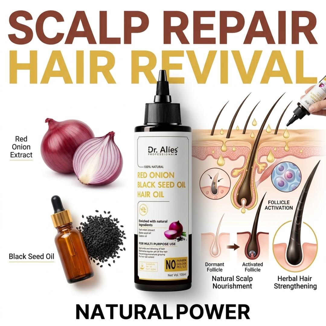 Dr. Alies Professional Red Onion & Black Seed Oil Hair Oil – 100% Natural – Stops Hair Fall, Strengthens Roots, Prevents Premature Greying – With Castor Oil – For Split Ends, Thinning Hair & Scalp Health