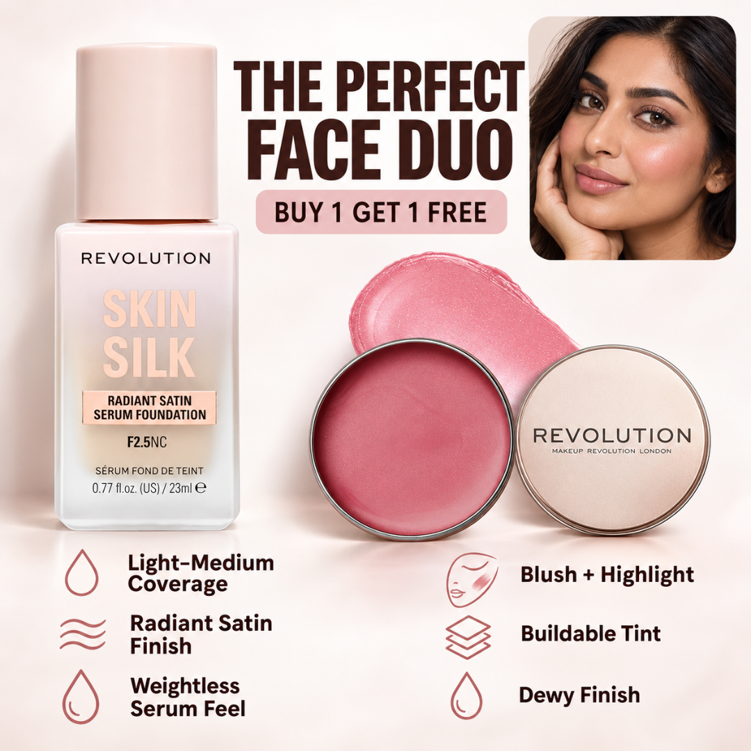 Revolution Skin Silk & Balm Glow Duo – Radiant Satin Foundation & Dewy Blush Highlight – Skin-Loving Coverage