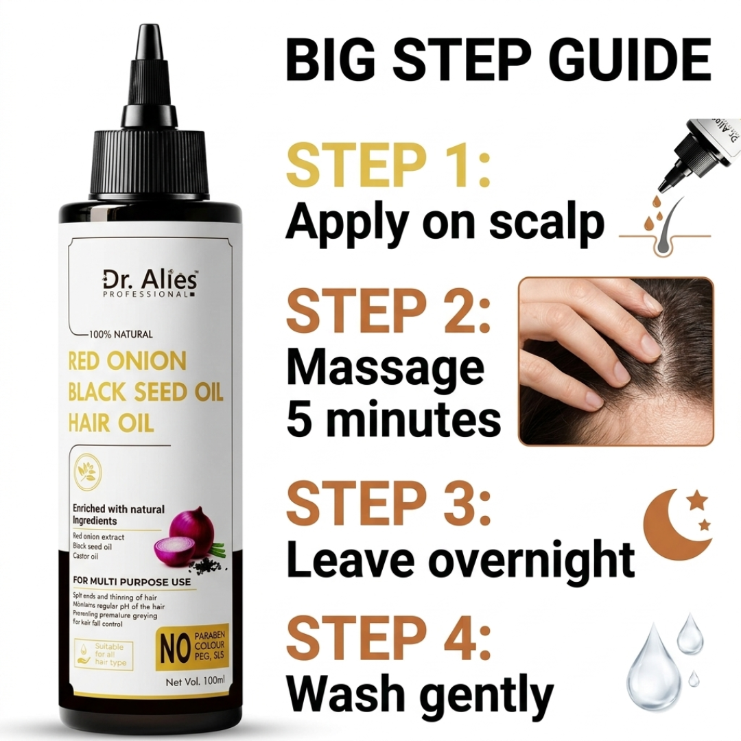 Dr. Alies Professional Red Onion & Black Seed Oil Hair Oil – 100% Natural – Stops Hair Fall, Strengthens Roots, Prevents Premature Greying – With Castor Oil – For Split Ends, Thinning Hair & Scalp Health